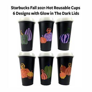 Starbucks - (Set of x6) Halloween Reusable Hot Cups w Glow in the Dark Lids